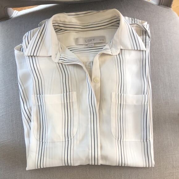 Ann Taylor LOFT Long Striped Blouse Tunic Top Black Cream Vertical Stripe XXSP - Picture 7 of 8